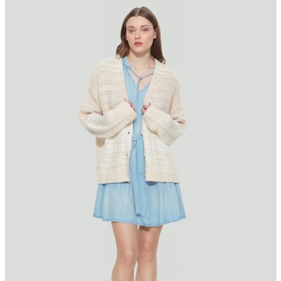NWT | Dex Striped V Neck Button Up Chunky Cardigan Cream Tan Size Med - Picture 2 of 12